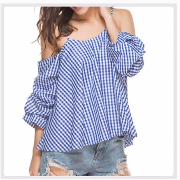 Boutique Tops - NWT Fun Blue And White Off The Shoulder Top